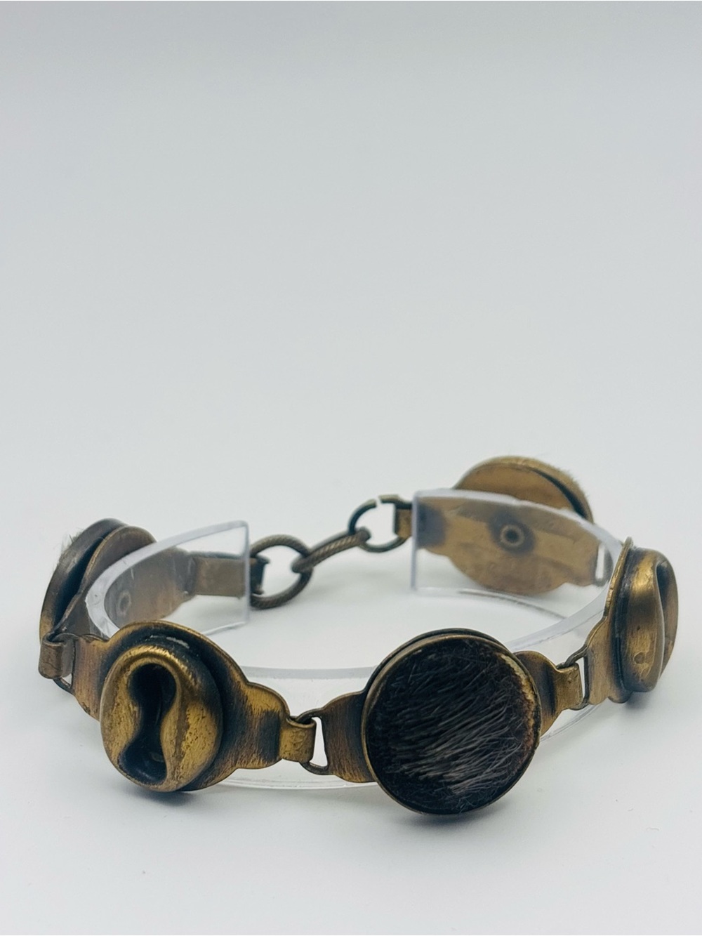 Vintage Bronze & Hair-on-Hide Link Bracelet – Unique Retro Statement Piece